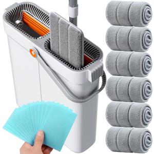 15.7" Flat Mop and Bucket Set with Wringer System | Wet Dry Floor Mop, 6 Reusable Microfiber Pads for Home, Tiny Home, Safe for Hardwood, Tile, Wall & Window Cleaning