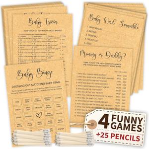 Funny Baby Shower Games Gender Neutral - Baby Shower Bingo Game For Girl Boy, Trivia Word Scramble Games For Baby Shower Decorations (Kraft)