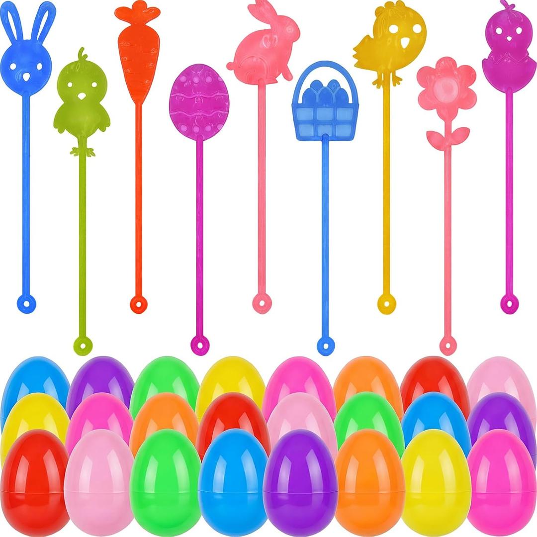 2 x 24 Pack Easter Sticky Hands Toys with 24 Pcs Plastic Easter Eggs, Easter Bunny Egg Chick Carrot Flower Basket Sticky Stretchy Toys for Kids Girls Boys Easter Basket Stuffers Party Favors Gifts