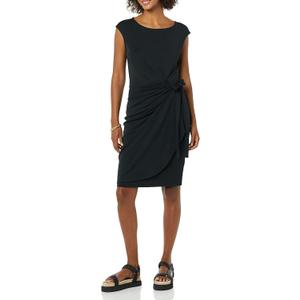 Amazon Essentials Women's Cap Sleeve Boat-Neck Faux Wrap Dress (Black)