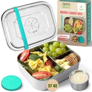 TAVVA Stainless Steel Lunch Box for Kids Ages 6-9 | 2-Piece Set | 27oz Metal Bento Box with 100% Steel Lids | 1.7oz Dip Cup with 100% Leakproof Silicole Lid | BPA-Free | Freezer & Dishwasher Safe