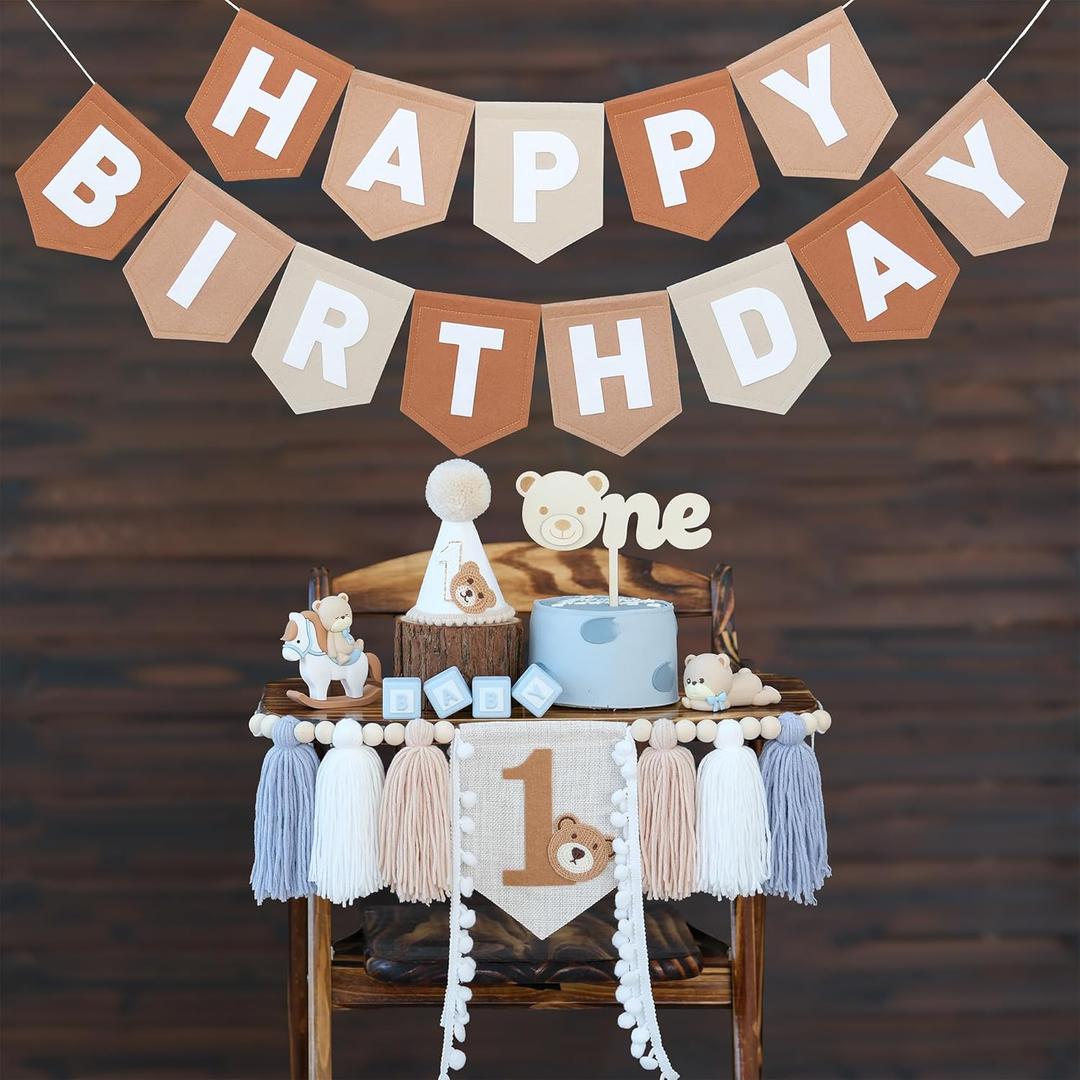 Bear First Brown Felt Happy Birthday High Chair Banner Pre-strung Birthday Hanging Decoration With Birthday Hat One Cake Topper For 1st Birthday Party Decor (blue gray brown white)