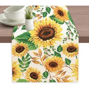 Table Runner Sunflower Leaves Table Runners Summer Seasonal Kitchen Dinning Decor for Indoor Outdoor Holiday Home Wedding Party 13x70 Inch