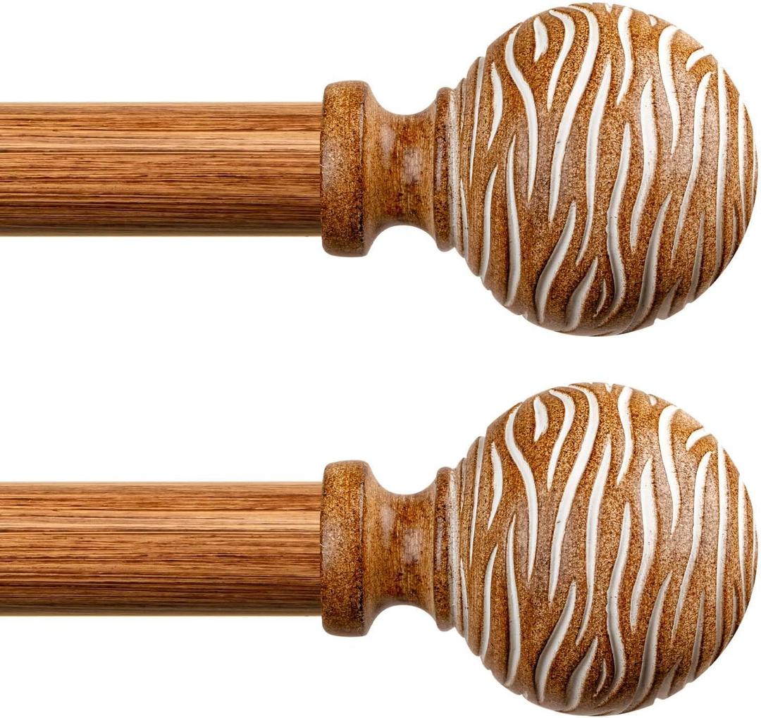 TKZTKZ 2 Pack Boho Wood Curtain Rods for Windows 36-88",1 Inch Heavy Duty Wooden Curtain Rod Set of 2,Decorative Rustic Farmhouse Drapery Rods for Bedroom Living Room (Iron Rod with Wood Grain Finish)