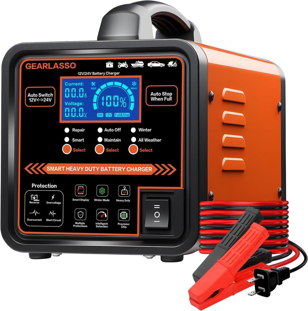 12V 24V Car Battery Charger Heavy Duty, 0-15A Automatic Battery Maintainer with Auto Shutoffs, Repair and Winter Mode, Smart Trickle Charger for Car Truck Motorcycle RV AGM Deep Cycle