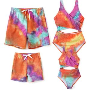 PATPAT Family Matching Swimsuits Cutout One Piece Spliced Monokinis Red Tie Dye Quick Dry Beach Wear Cute Bathing Suits for Girl 8-9 Years