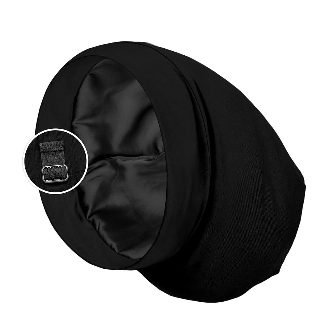 PARISBELLA Satin Lined Sleep Cap Bonnet for Curly Hair and Braids, Stay On All Night Wrap with Adjustable Strap for Women and Men, Black, Pack of 1 (Solid Color-black)