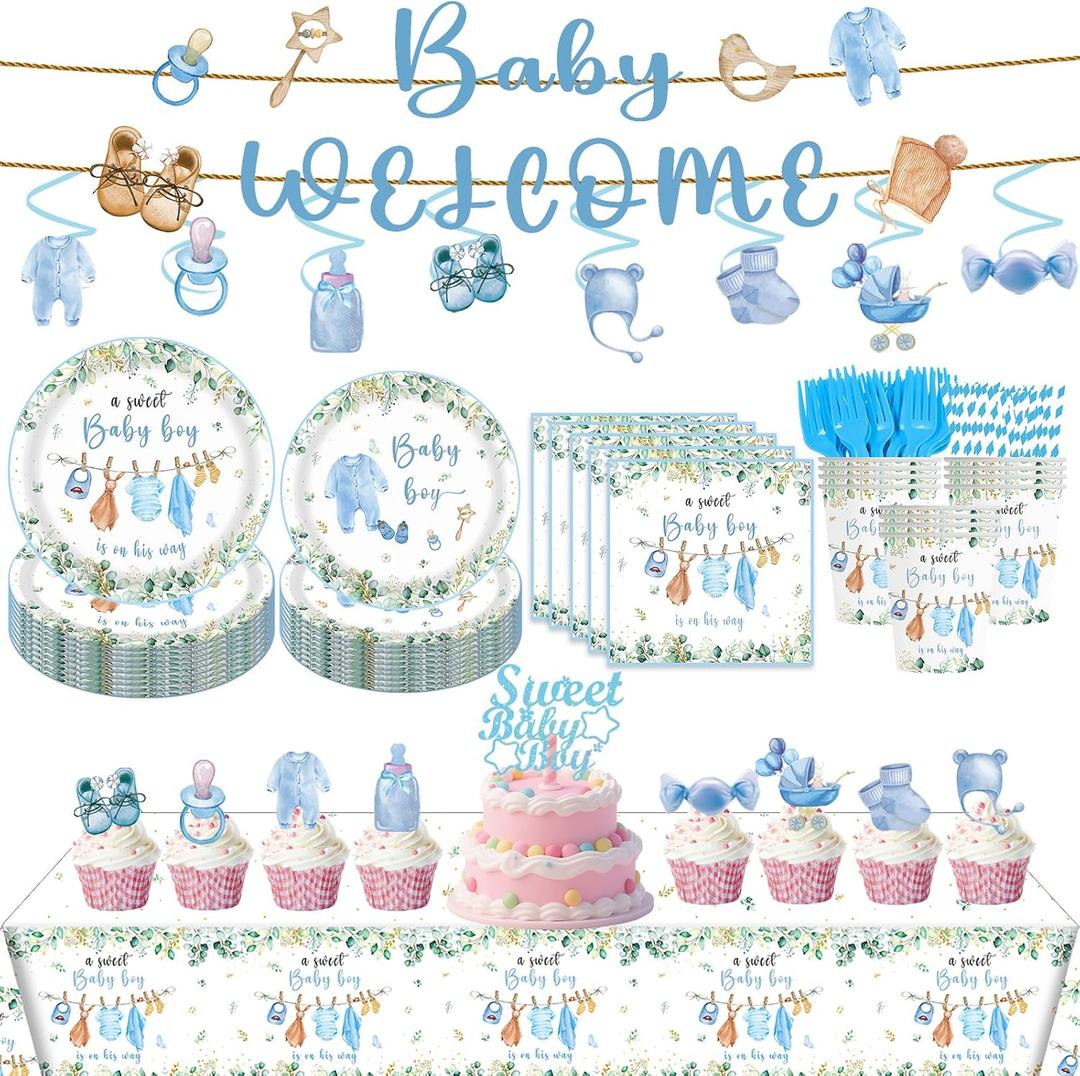 139 PCS Greenery Gender Reveal Baby Shower Plates and Napkins Supplies, Boho Greency Party Decorations Tableware Set Dessert Plates Napkins Forks for 20 Guests (Blue)