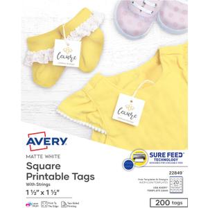 Avery Square Printable Tags, Sure Feed Technology, 1.5" x 1.5", White, Includes String, Laser/Inkjet Printable, 200 Total, Great for Branding, Gifts, Merchandising, and More (22849)