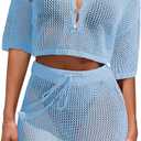 Sovoyontee Women's 2 Piece Swimsuit Coverup Crochet Hollow Out Bathing Suit Swim Beach Cover Up Crop Top Skirt Sets (Beige, L)