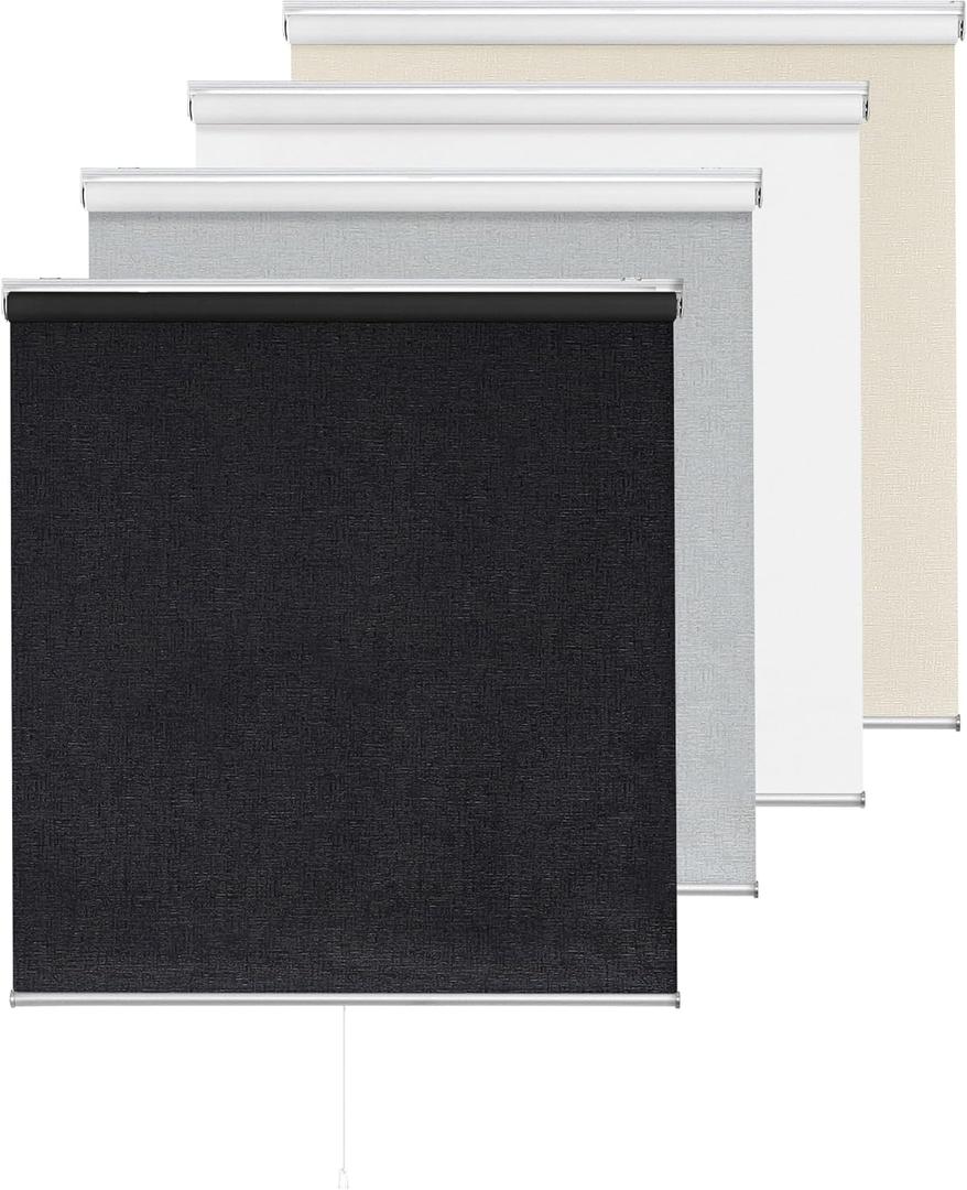 ChrisDowa Cordless 100% Blackout Roller Shade, with Striped Jacquard, Thermal Insulated, UV Protection Fabric, Total Blackout Blinds for Window, French Doors, Home and Office, Black, 24" W x 72" H