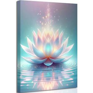 Zen Canvas Wall Art White and Blue Lotus Flower Bloom in Water Picture Yoga Spa Meditation Spiritual Room Wall Decor Poster Print Artwork for Bathroom Bedroom Office Yoga Room Home Decoration (16L" x 12W")