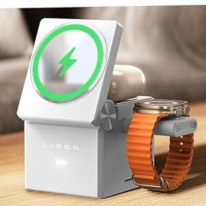 LISEN 3-in 1 Wireless Charging Station Apple, 3 in 1 Portable Charger for Apple Magsafe Charger Stand, Travel Magsafe Charging Stand for iPhone 16 15 Pro Max Airpod Watch, White