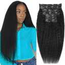 Kinky Straight Clip in Hair Extensions Real Human Hair 5 pcs 20Clips Yaki Straight Clip Ins 16Inch 110g Full Head Hair Extensions Brazilian Remy Hair Double Weft Natural, Black