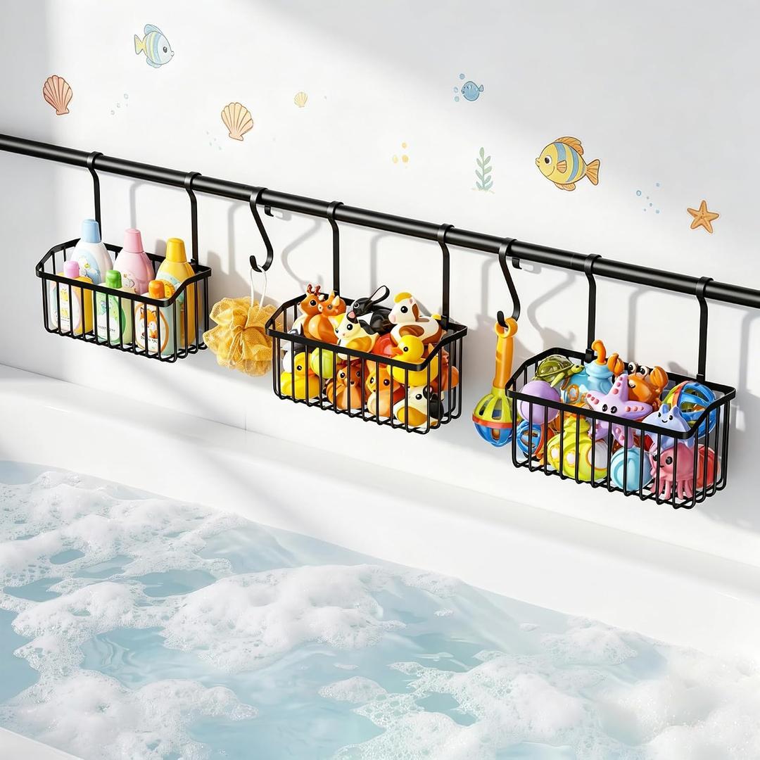 KEGII Over-the-Tub Bath Toy Storage, Adjustable 61-82.67 Inch Bathtub Toy Organizer Holder with 3 Baskets and Hooks, Large Capacity Kids Bath Toy Storage Rack for Easy Sorting and Drainage, Black
