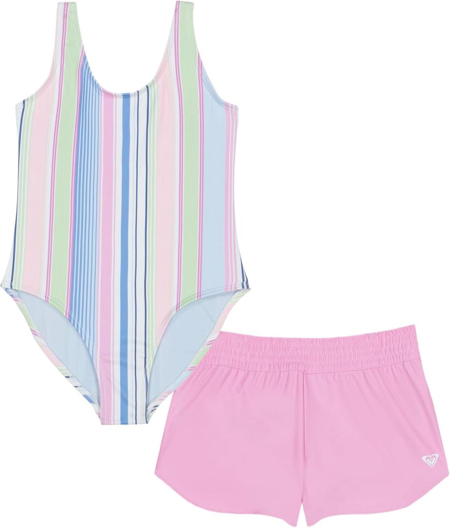 Roxy Girls' One-Piece Swimsuit with UPF 50+ Sun Protection, Quick Drying Bathing Suit (14, Lilac Salty Stripe)