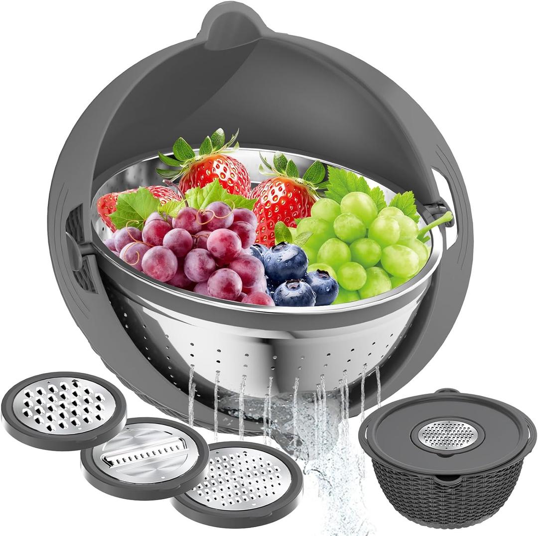 4-in-1 Colander with Bowl Set  Food Strainers and Colanders - Stainless Steel Rotatable Strainer for Fruits & Veggies  Pasta Strainer - Kitchen Essentials - Grey (Dark Gray)