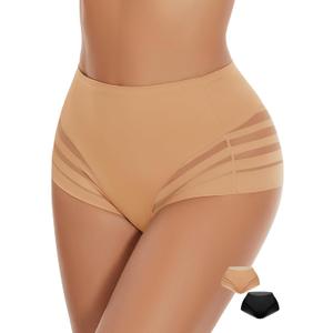 WOWENY 2 Pack Seamless High Waist Underwear Tummy Control Shapewear Stripe Lace Compression Panties Butt Lifter (X-Large, New-black&beige)
