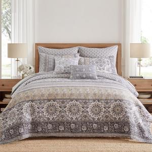 Levtex Home - Lirelle Quilt Set - Full/Queen Quilt and Two Standard Shams - Bordered Floral - Grey Tan White and Charcoal - Quilt (88x92in.) and Shams (20x26in.) - Reversible - Cotton (Gray)