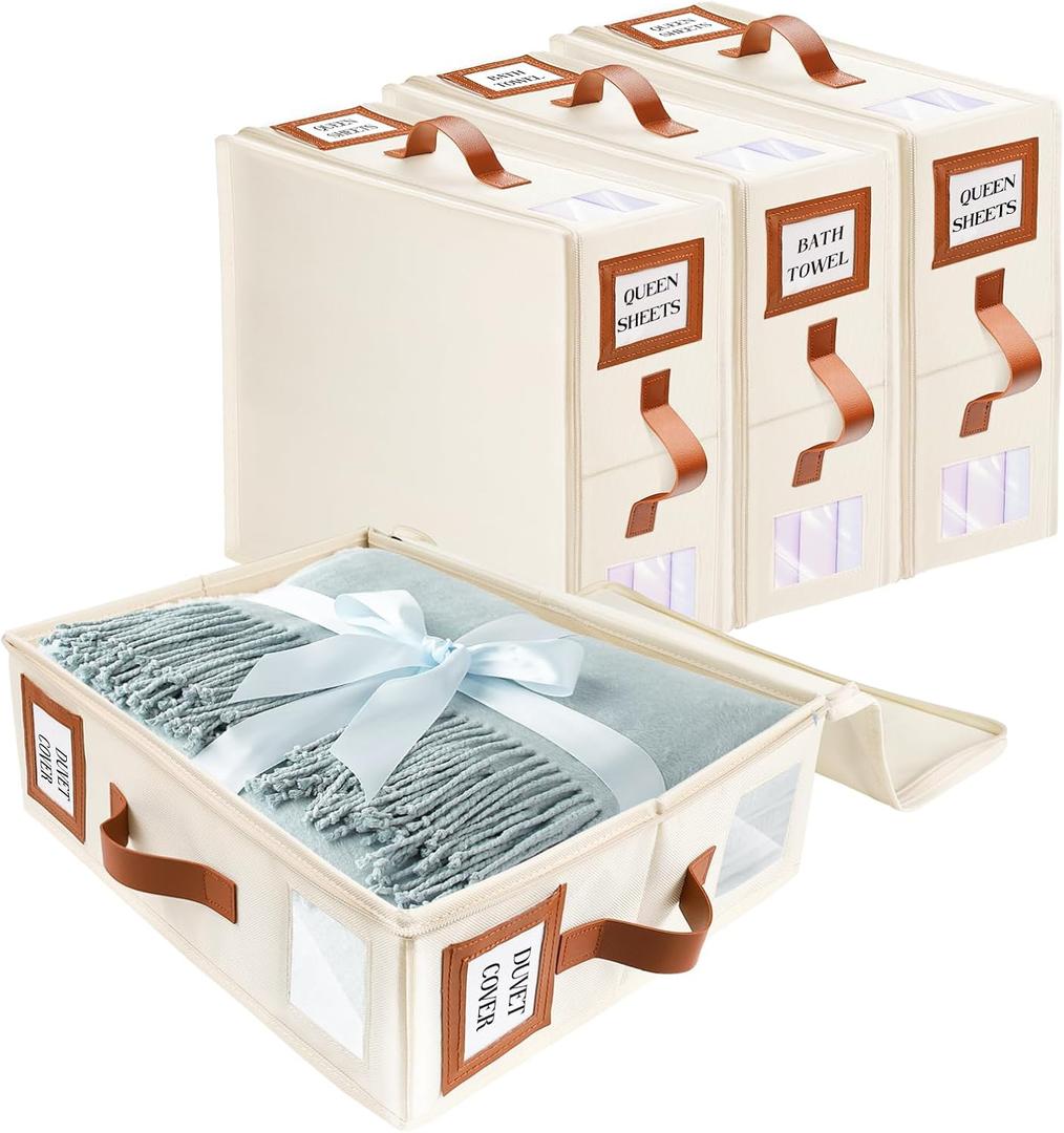 Bed Sheet Organizers and Storage (King & Queen Size) 4 Pack with Window and Label, Foldable Sheet Organizer With Handle, Beige