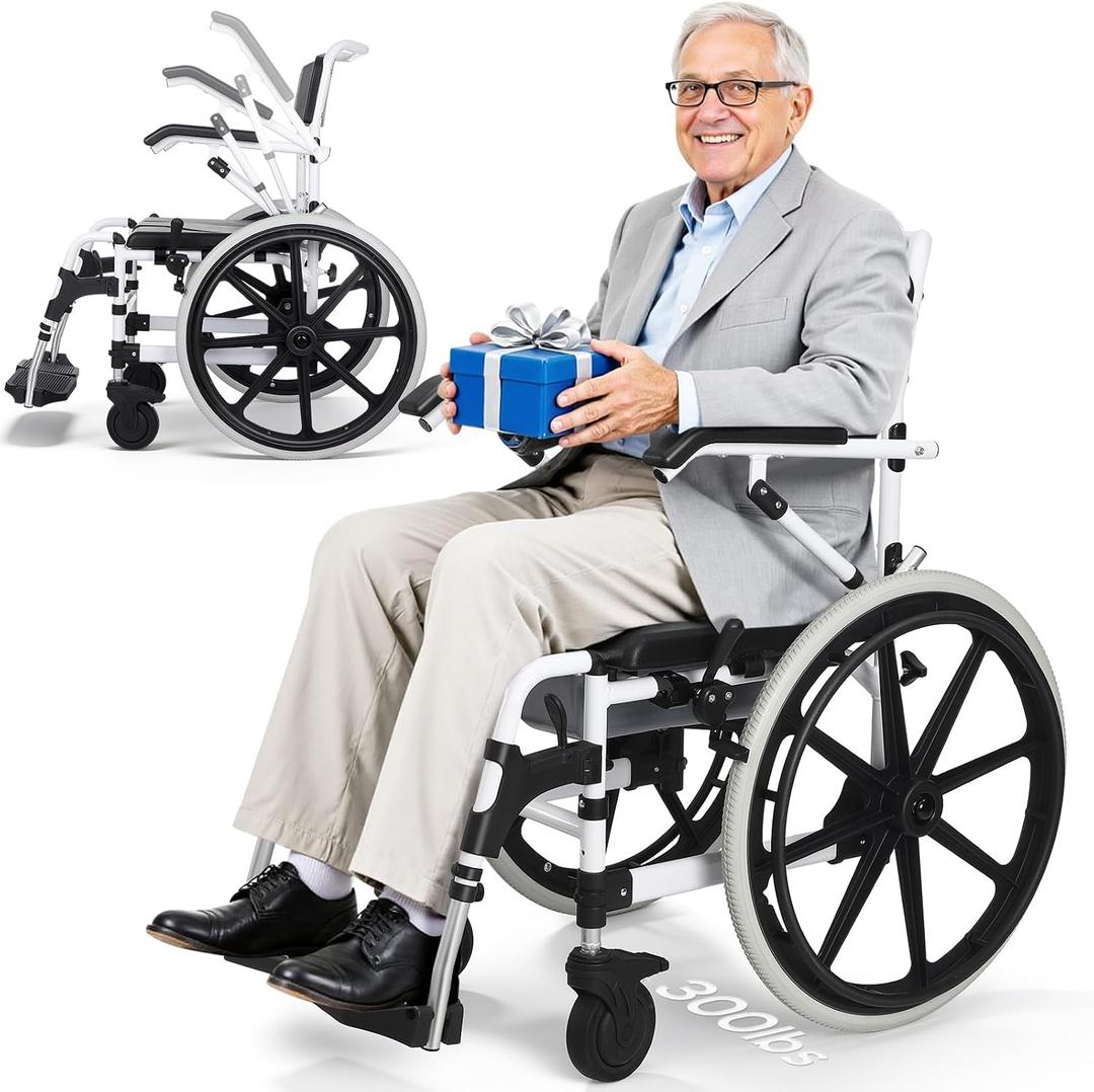 22" Self-Propelled Shower Wheelchair, 300LBs Heavy Duty Aluminum Shower Commode Chair with Flip-Up Armrests, Rolling Transfer Chair & Bathroom Mobility Aid for Seniors & Limited Mobility