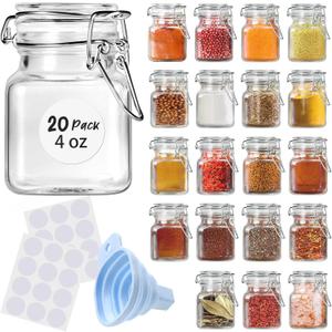 SKOCHE Spice Jars 20 Pack Small 4 oz Glass Jars with Airtight Hinged Lids, Spice Herb Jars with Labels and Silicone Funnels, 4oz Glass Jars with Lids Ideal for Spice Herbs