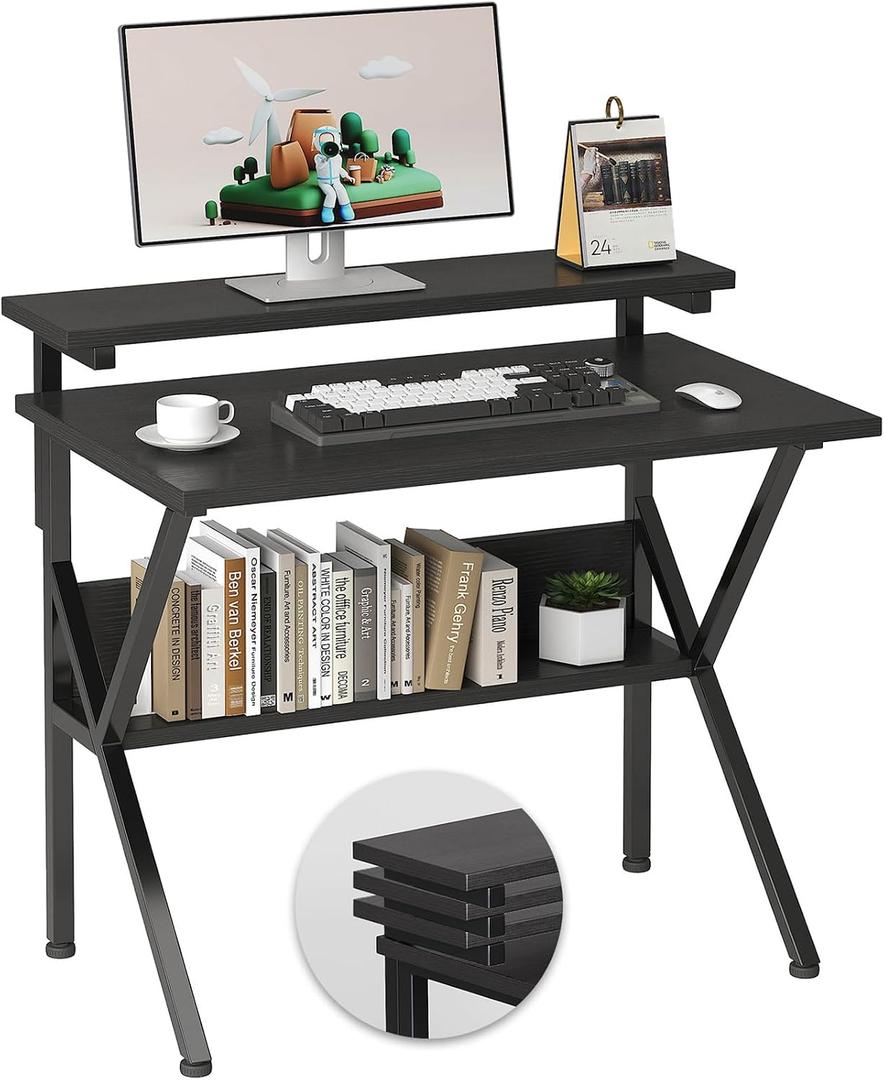 COTUBLR Small Desk, 27.5 Inch Small Computer Desk for Small Spaces, Computer Desk with Adjustable Monitor Stand, Compact Desk with Storage, Tiny Desk Study Desk for Bedroom Home Office, Black