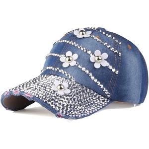 LUCKYBUNNY Women Bling Baseball Cap with Flower, Vintage Adjustable Low-Profile Dad Hat Sport Strap back Caps for Ladies Denim