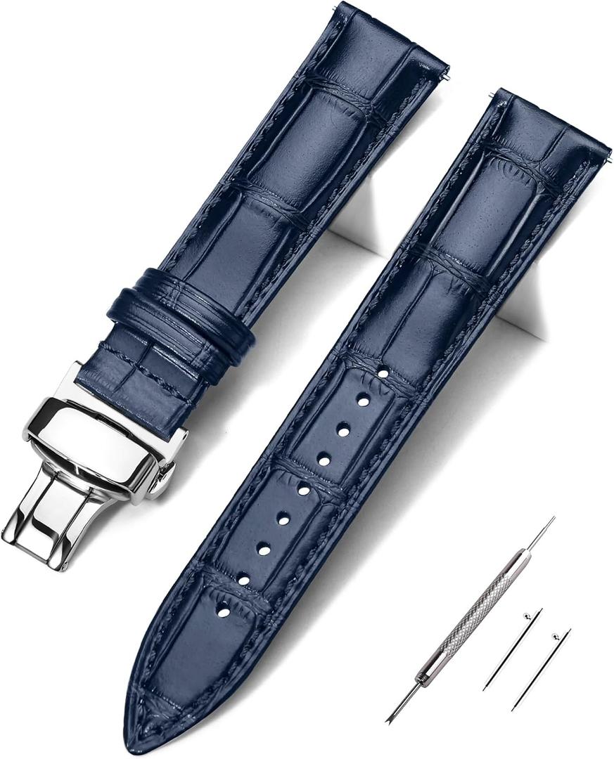 EACHE Croco Design Leather Watch Bands for Men Women,Quick Release Strap with Butterfly Deployment Buckle 18mm 19mm 20mm 21mm 22mm 24mm (Blue-Silver Buckle)
