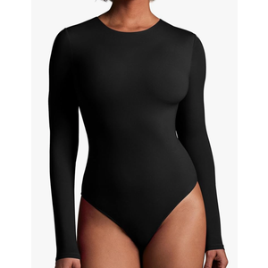 IUGA Long Sleeve Bodysuits for Women Crew Neck Body suit Women's Slimming Basic Tummy Control Bodysuit Tops (Black, Small)