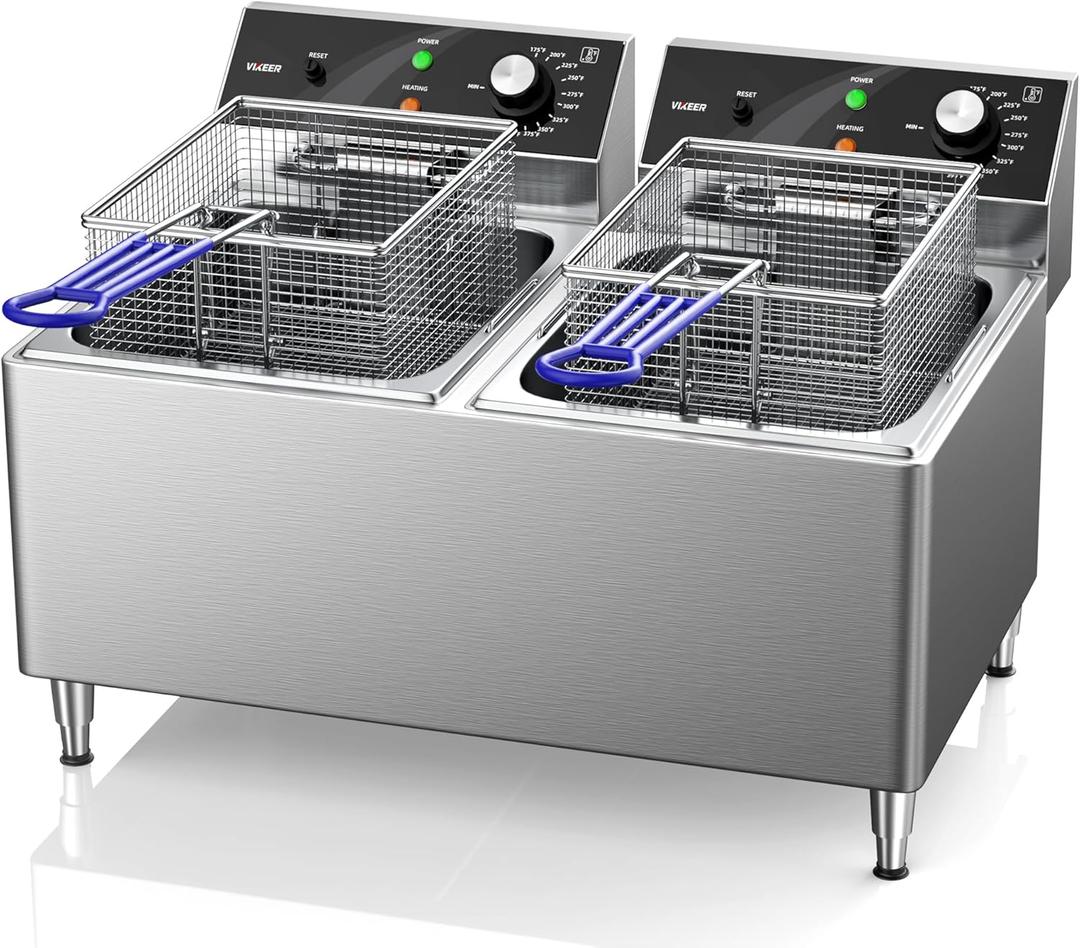 Deep fryer Commercial Deep Fryer 12L x 2/25.4QT Dual Tank Electric Deep Fryers with Basket Electric Countertop Fryer for Restaurant with 2 Frying Baskets, 3300W x 2, 240V Two 6-15 Phase Plugs