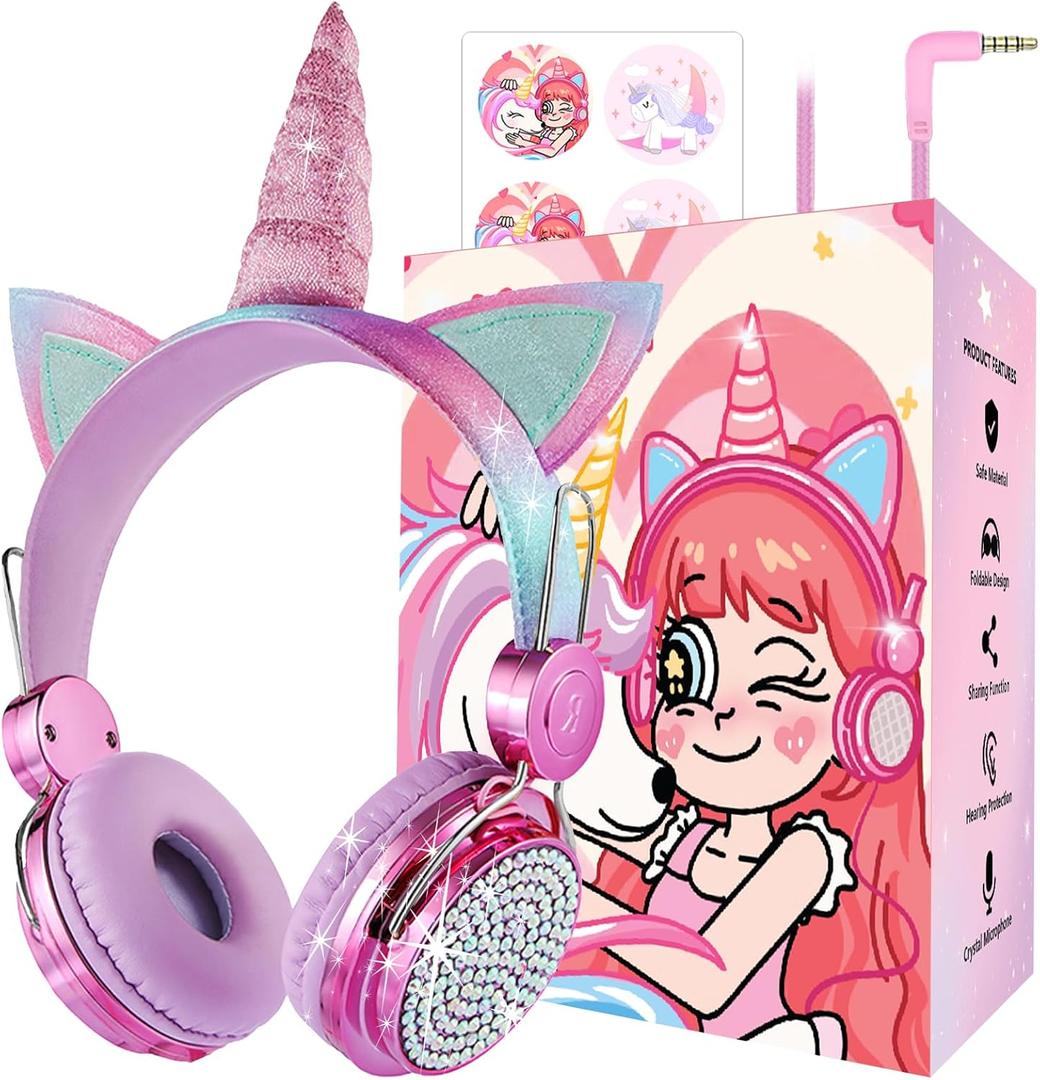 Kids Unicorns Headphones with Mic for School/Travel,95dB Volume Limited,Shareport,On/Over Ear Wired Headsets with Nylon Cable-Hot Pink (Rose2)