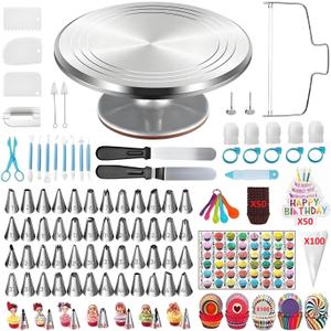 393 Pcs Cake Decorating Kit,with Aluminium Cake Turntable,Leveler,55 Numbered Icing+Skirt Tips,2 Spatulas,3 Scrapers,5 Coupler,100 Pastry Bags,150 Paper Cupcake Liners & More Baking Tools