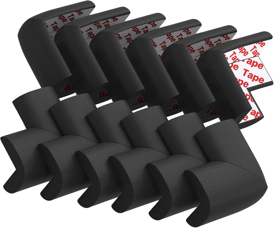12 Pack Soft Corner Protector Baby Proofing Edge and Corner Guards, Safety Pre-Taped Rubber Foam Furniture Bumper for Fireplace, Table, Stair, Cabinet (Black)