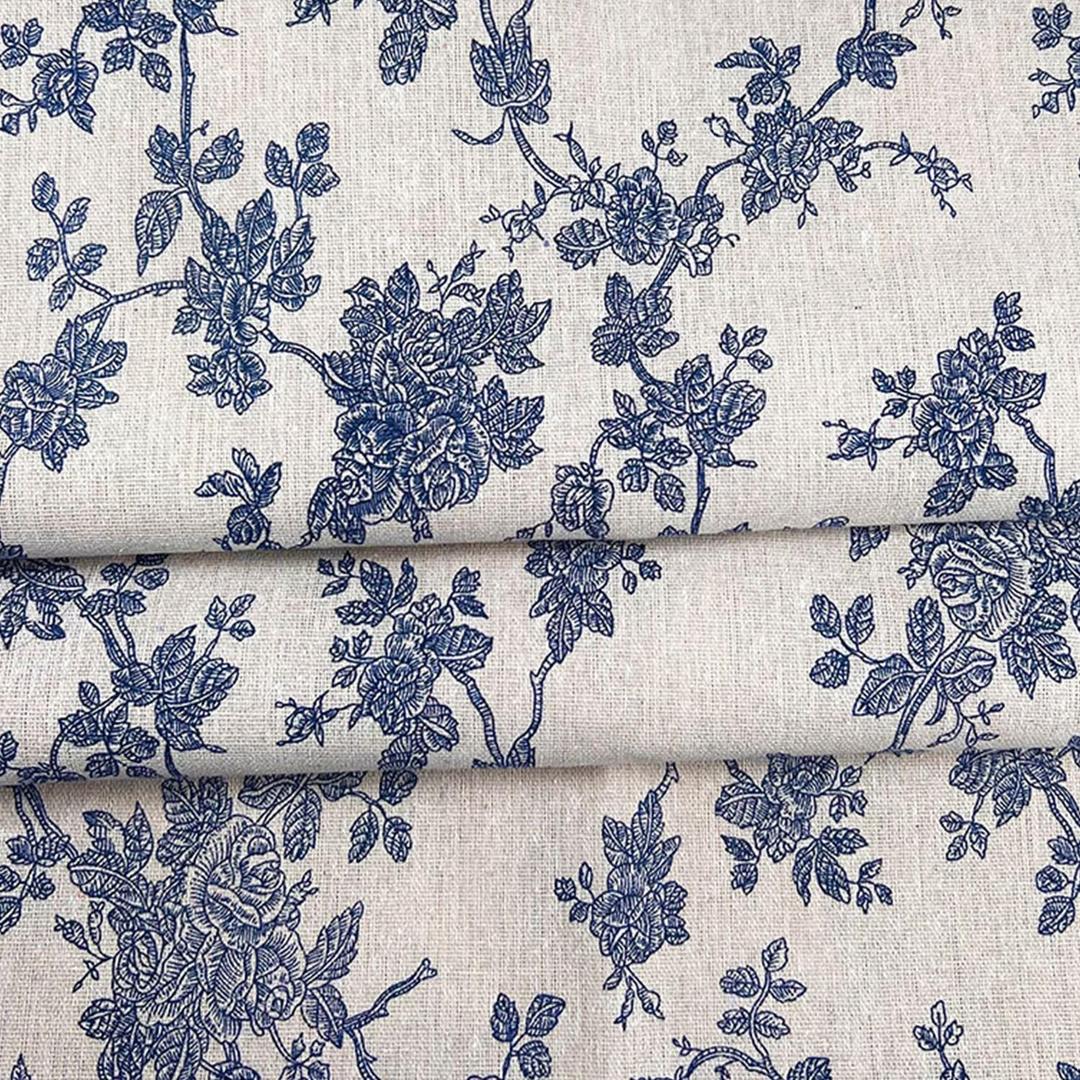 Linen Blue Floral Fabric by The Yard, 62 Inch Width Vintage Flower Patterned Upholstery Fabric for Sewing, Clothing, Quilting, DIY Arts Craft, 2 Yard