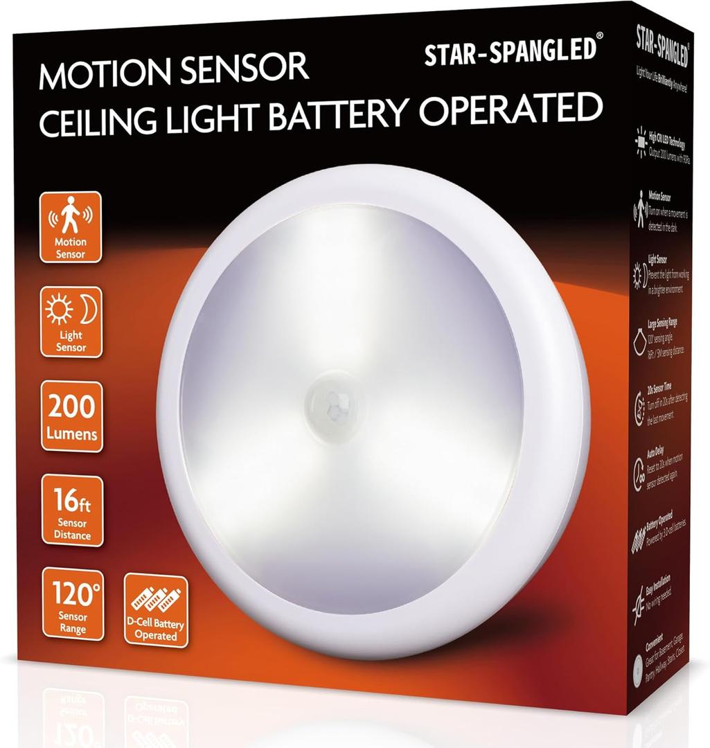 STAR-SPANGLED 6.3 Motion Sensor Ceiling Light Indoor AA or D-Cell Battery Operated for Hallway, Stairs, Basement, Garage, Laundry Area, Closet, Natural White, AA to D Battery Adapters Included