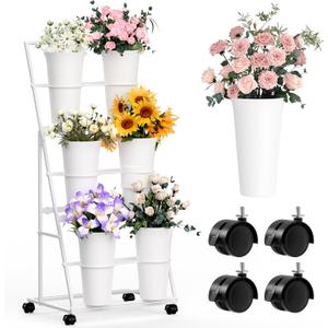 Invech Flower Display Stand with 6 Buckets and Wheels, 3 Tier White Flower Cart Display Stand for Indoor Outdoor Garden, Wedding, Flower Shop (Existing Patent)