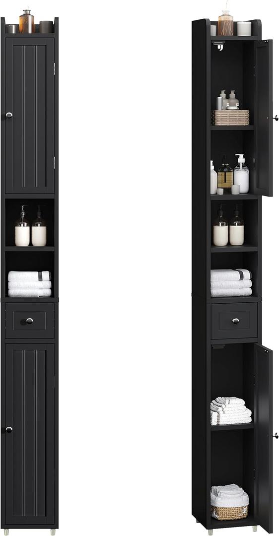 ChooChoo Narrow Bathroom Storage Cabinet with Adjustable Shelves, Tall Storage Cabinet with 2 Doors and 1 Drawer, Freestanding Cupboard for Small Spaces, Black