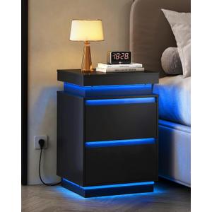 WLIVE Black Nightstand with Charging Station and LED Lights, Bedside Table with 2 Wooden Drawers and Sliding Top, Modern End Table Side Table for Bedroom, Living Room, Office
