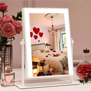 9"x11" Small Vanity Mirror with Lights, Lighted Makeup Mirror with Light, Portable Tabletop Cosmetic Make Up Mirror, Smart Touch Control, Dual Power Supply, 360Rotation (White)