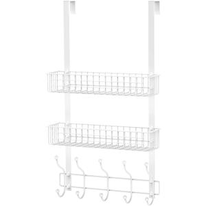 Coat Rack, Over the Door Hanger with Mesh Basket, Detachable Storage Shelf for Towels, Hats, Handbags, Coats (White-2 Baskets) (3-Tier)