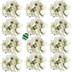 12 Bundles Peonies Artificial White Flowers Bouquet, Lifelike Silk Fake Peonies with Stems for Home Table Centerpieces, Wedding, Party & DIY Bridal Floral Arrangements (White)