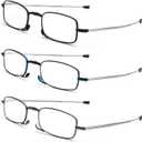 REAVEE 3 Pack Folding Reading Glasses with Keychain Compact Bags Women Men Blue Light Blocking Spring Hinge Portable Pocket Readers,Black Grey and Blue 0.0