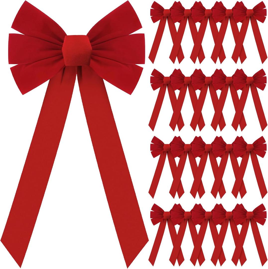 24 Pcs Large Red Velvet Christmas Bow Wreath Bow Tree Topper Ornament Bow for Garland, Indoor Outdoor Holiday Decorations (10 x 20 Inches)