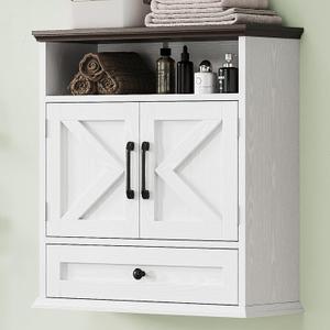 Bathroom Wall Cabinet, Wall Mounted Medicine Cabinet with Drawer, Barn Doors & Adjustable Shelf, 24.4"H x 23.6"W x 9"D White Over Toilet Farmhouse Storage Cabinet for Kitchen, Laundry Room, Entryway