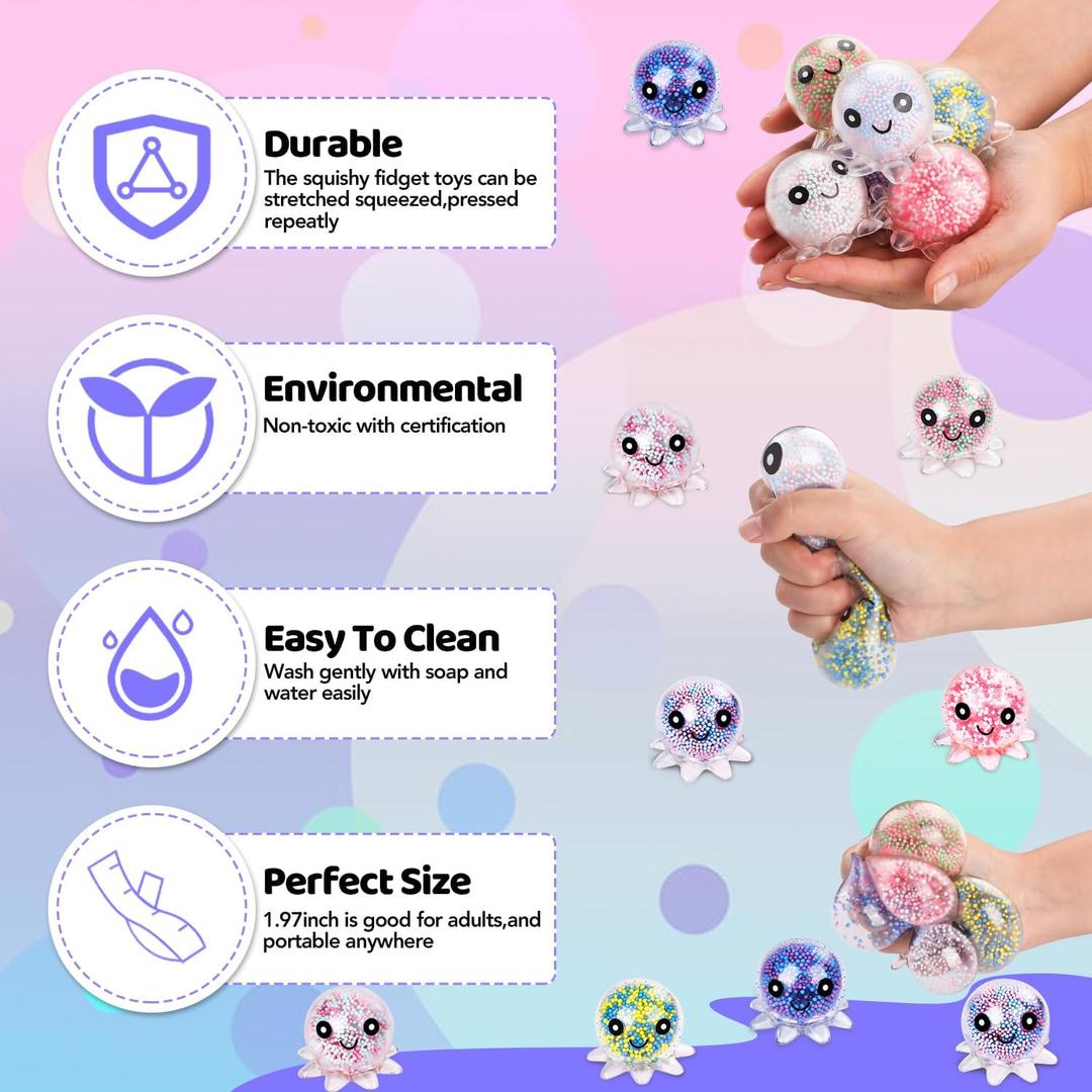 5 Pack Octopus Stress Balls Set for Kids Adults, Cute Squishy Squeeze Fidget Toys for Anxiety Stress Relief, Perfect Party Favors Easter Basket Stuffers Birthday Gifts