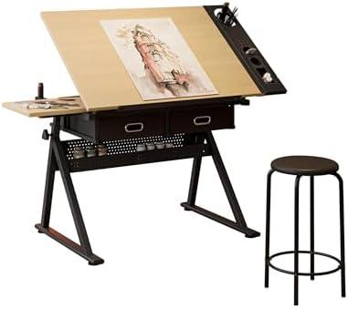 Drafting Table w/Stool,Height Adjustable Drafting Table for Adults ,Tilted Tabletop with Storage Drawers,Multifunctional Art Craft Artists Desk for Reading, Writing, Crafting and Diamond Arts Oak