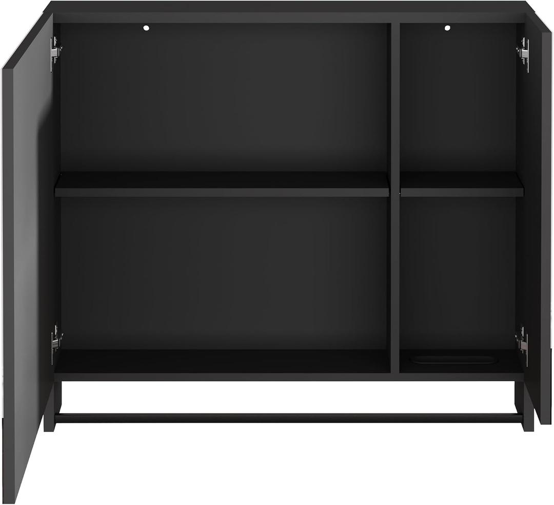 ChooChoo Lighted Medicine Cabinet with Mirror, Bathroom Wall Cabinet with Mirror Doors, LED Lights, Adjustable Shelves, Towel Bar,Wall-Mounted, Black