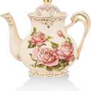 Ceramic Tea Pot, 25 OZ/3 Cup Small Ivory Rose Vintage Floral Porcelain Teapot with Gold Trim, European Style, Gift for Women, Decorative Ideas (Pink Rose)