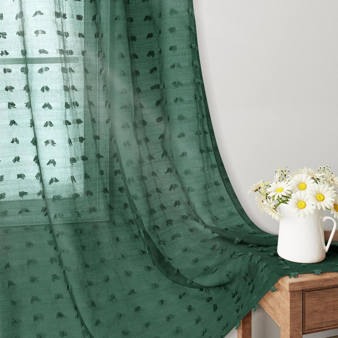 Guken Sheer Curtains 63 Inch Length Set of 2 Panels for Living Room Bedroom 38 Inch Width Farmhouse Boho Drapes Light Filtering Pom Pom Curtains Tufted Semi Sheer Kids Rod Pocket, Emerald Green, W38xL63